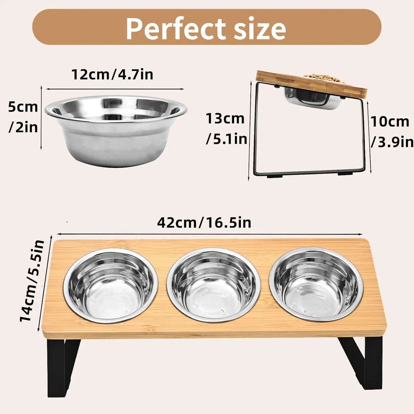 Elevated Pet Food Bowl with 3 Stainless Steel Bowls, 15°