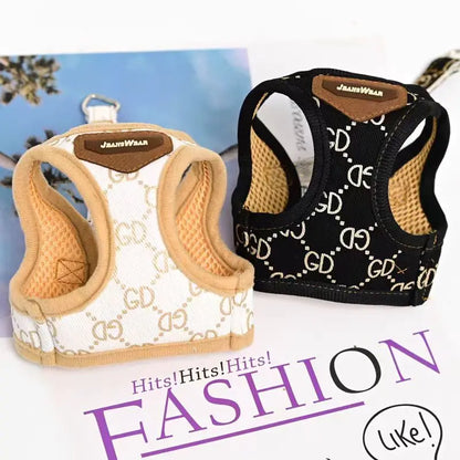 Black Khaki Dog Harness Vest And Leash Set